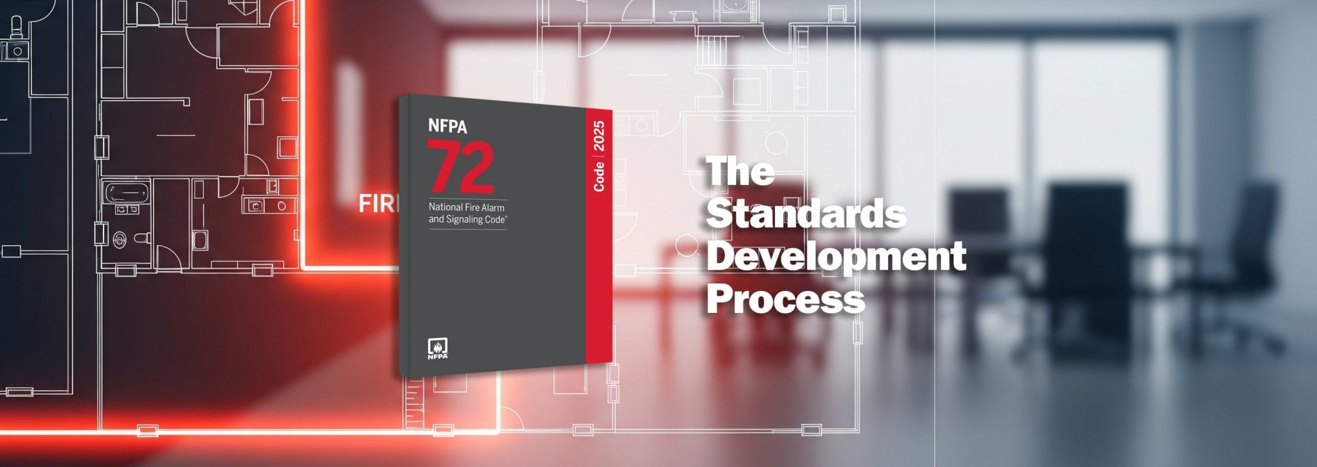 Image of an office conference room with a floorplan drawing and NFPA 72 code book overlay.
