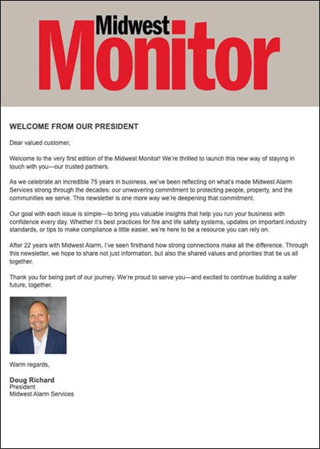 Midwest Monitor 2025 Q2 Anniversary Edition cover with a letter from the president and insights on Class K fire extinguishers and smoke detection.