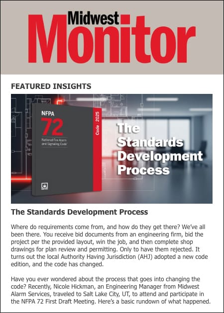 Midwest Monitor 2025 Q3 newsletter cover discussing the standards development process and integrated fire, security, and sound systems.