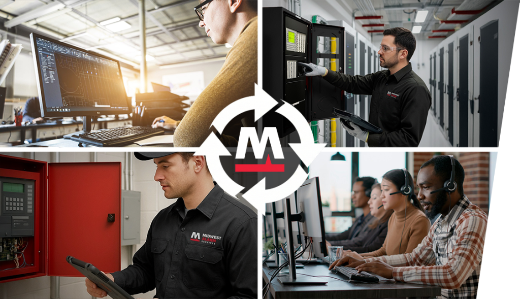 Four quadrant graphic illustrating the Midwest Alarm Services commercial life safety system lifecycle. Clockwise from top left: Integrated System Design and Engineering, Installation and Commissioning, 24/7 Professional Monitoring Services, and Inspection and Maintenance, centered around a circular arrow logo.