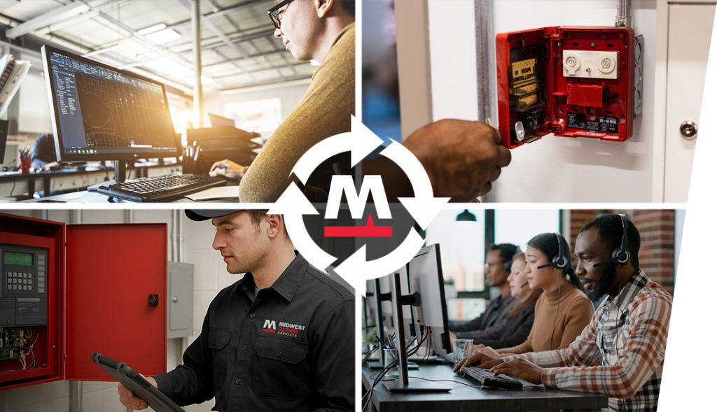 Four quadrant graphic illustrating the Midwest Alarm Services commercial life safety system lifecycle. Clockwise from top left: Integrated System Design and Engineering, Installation and Commissioning, 24/7 Professional Monitoring Services, and Inspection and Maintenance, centered around a circular arrow logo.